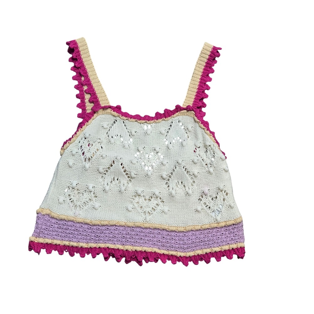 Zara Small Heart Pointelle Crochet Knit Crop Top Pink Cream Button Back Camisole